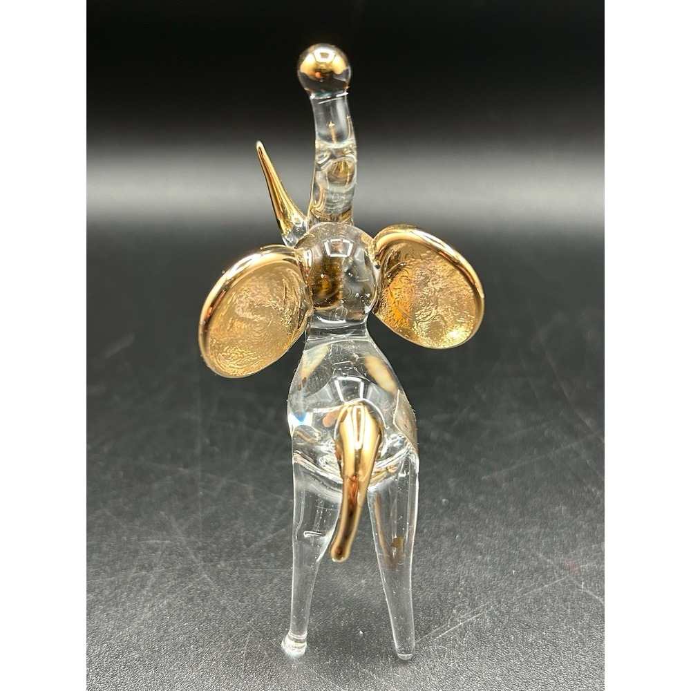 Clear Glass Elephant 24k Gold Trim Hand Blown Art Glass Ornament Figurine Decor - Picture 2 of 7